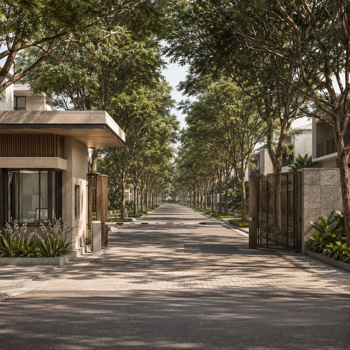 Urban Oasis indicative gated arrival court with a stone and timber guard pavilion and tree-lined internal avenue Urban Oasis indicative gated arrival court with a stone and timber guard pavilion and tree-lined internal avenue