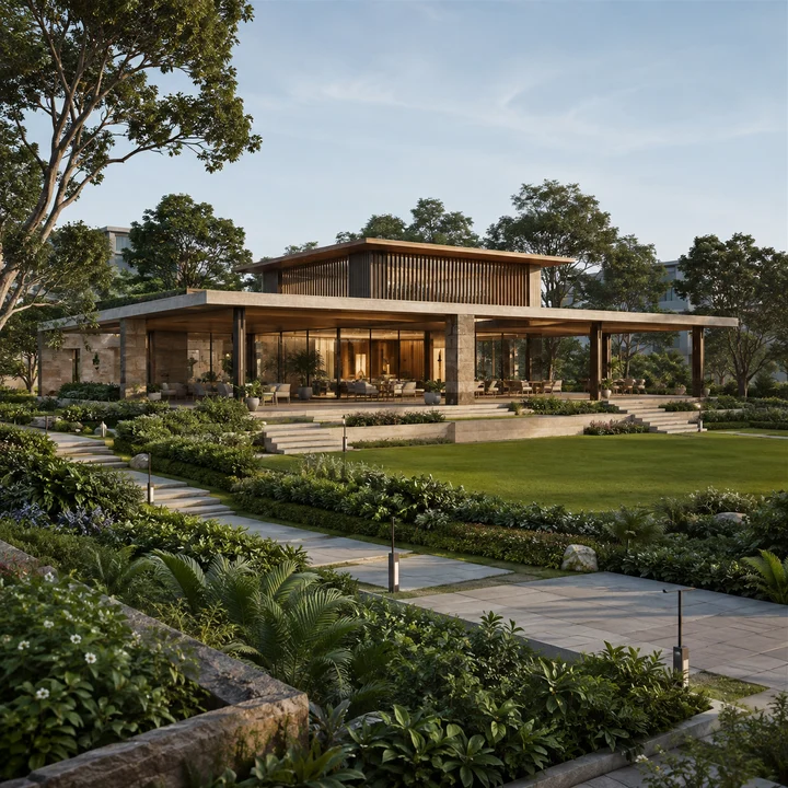 Urban Oasis indicative single-storey clubhouse pavilion with a timber-louvred upper box and stepped lawn