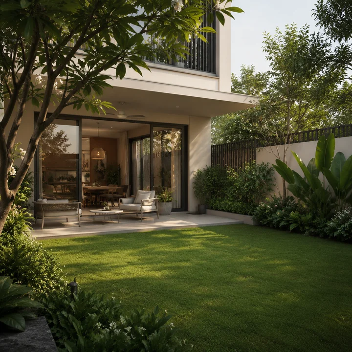Urban Oasis indicative private villa garden with a covered patio, the kind of in-plot open space a villa scheme's landscape share counts