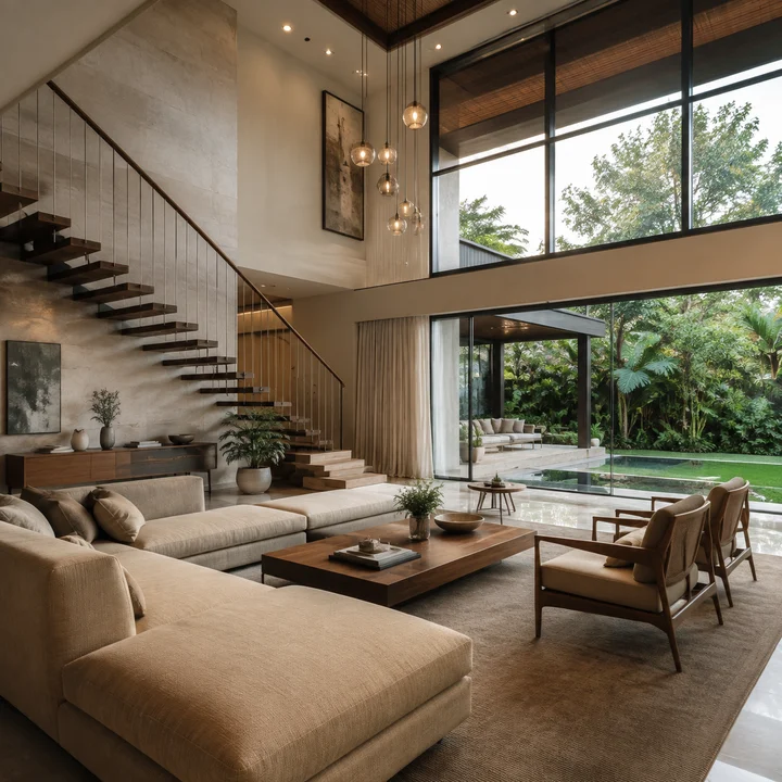 Urban Oasis indicative double-height villa living room with a cantilevered timber staircase and full-height glazing onto a covered deck