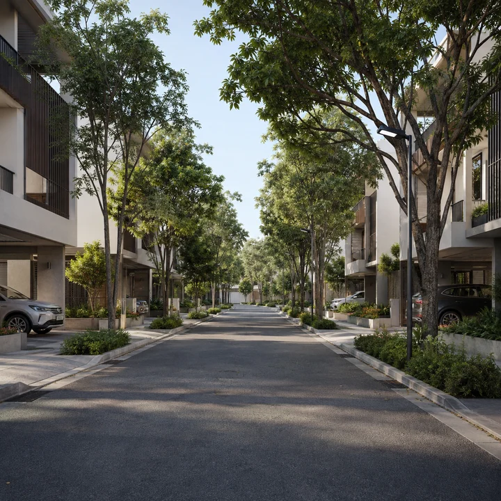 Urban Oasis indicative internal residential street between facing rows of ground-plus-two villas with ground-level garages