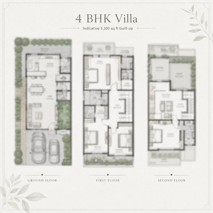 Urban Oasis 4 BHK villa indicative floor plan across ground, first and second floors, about 3,300 sq ft built-up on the client brief's unconfirmed figure