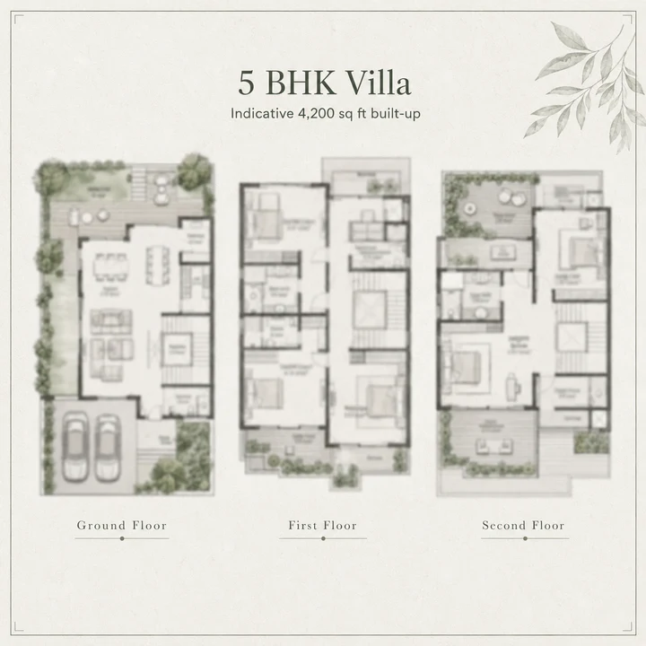Urban Oasis 5 BHK villa indicative floor plan across ground, first and second floors, about 4,200 sq ft built-up on the client brief's unconfirmed figure