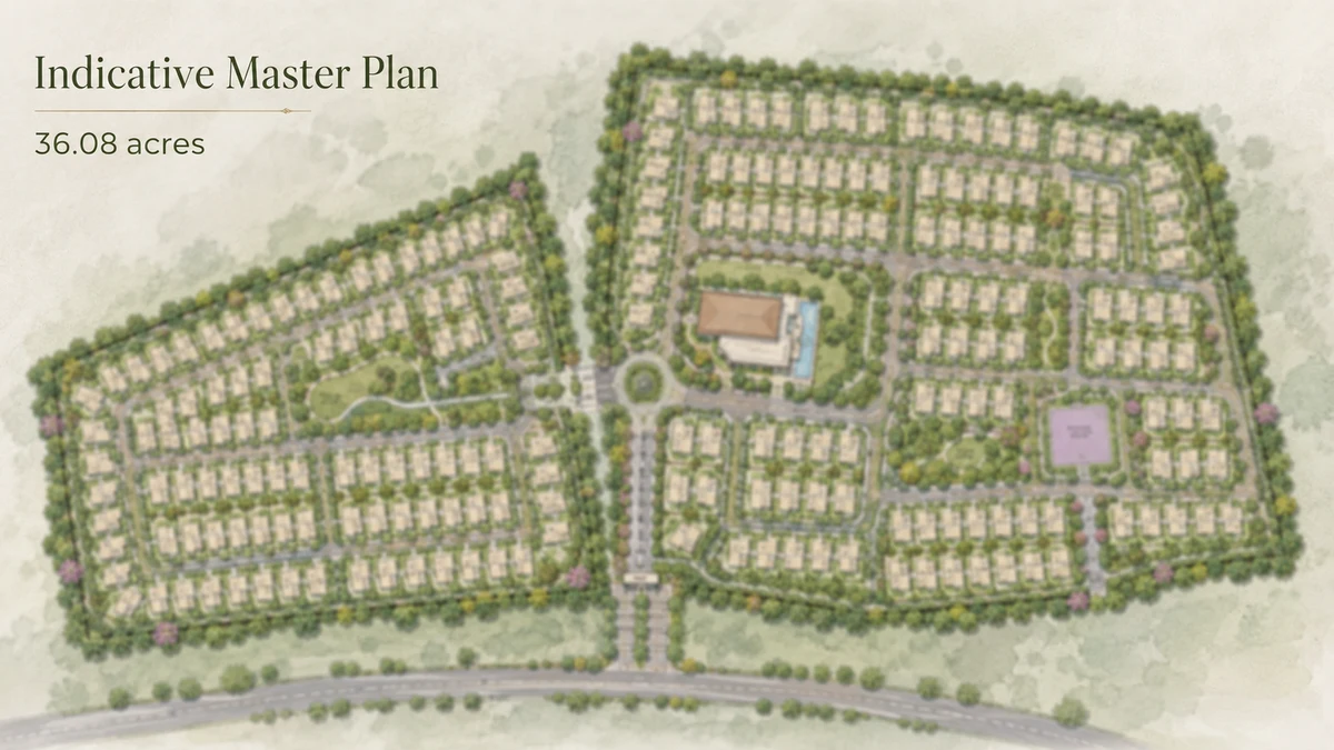 Urban Oasis indicative master plan across the filed 36.08 acres at Yamare and Dommasandra, showing the villa grid, central spine road and clubhouse Urban Oasis indicative master plan across the filed 36.08 acres at Yamare and Dommasandra, showing the villa grid, central spine road and clubhouse