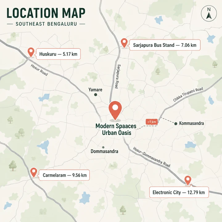 Urban Oasis location map between Yamare and Dommasandra in Sarjapura Hobli, showing Huskuru 5.17 km, Sarjapura Bus Stand 7.06 km, Carmelaram 9.56 km and Electronic City 12.79 km Urban Oasis location map between Yamare and Dommasandra in Sarjapura Hobli, showing Huskuru 5.17 km, Sarjapura Bus Stand 7.06 km, Carmelaram 9.56 km and Electronic City 12.79 km